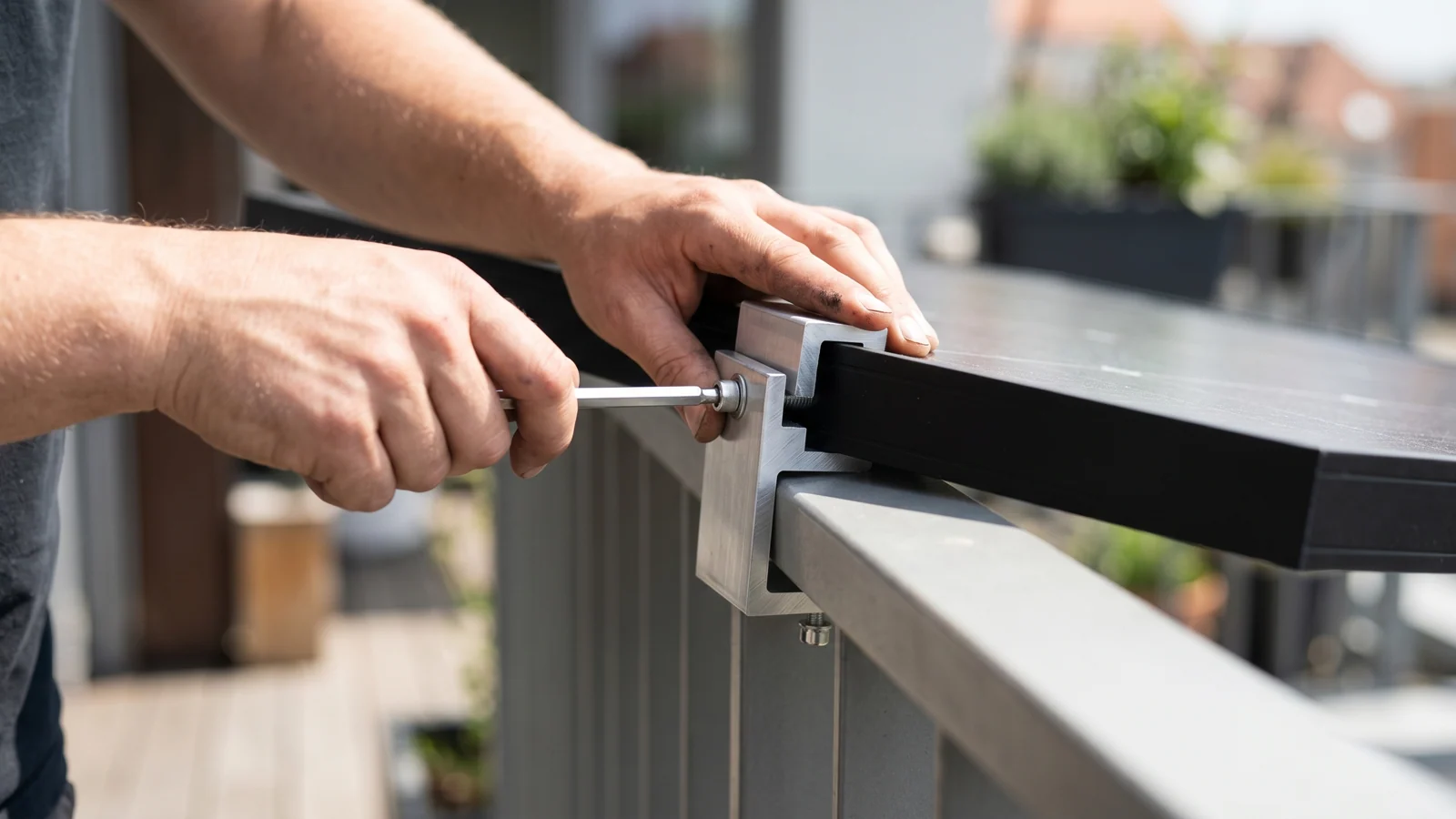 Zwei Hände installieren ein schwarzes Solarmodul eines Balkonkraftwerks mit einer Aluminium-Klemme am Balkongeländer im Sonnenlicht — Sinnbild für die schnelle Montage.