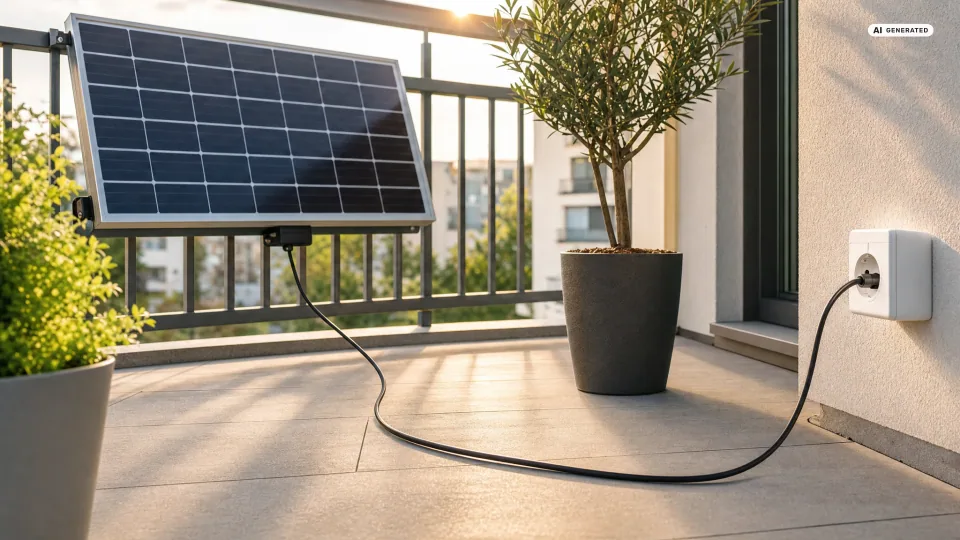 Schwarzes Anschlusskabel eines Balkonkraftwerks, das von einem Solarmodul am Geländer über den Balkonboden zu einer Außensteckdose führt — wie lang darf das Kabel beim Balkonkraftwerk sein?