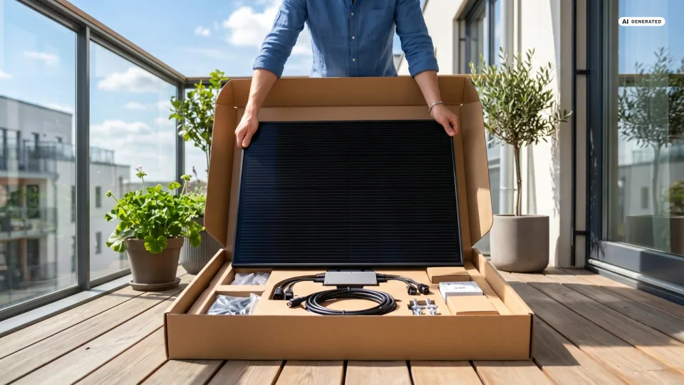 Ein Balkongeländer mit zwei schwarzen Solarmodulen, daneben ein Einkaufswagen-Symbol — Sinnbild dafür, ein Balkonkraftwerk 2026 richtig zu kaufen.