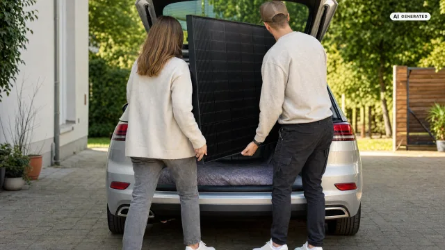 Balkonkraftwerk Kleinanzeigen: Ein Solarmodul wird im Hof eines Wohnhauses in einen Kombi geladen, zwei Personen halten es aufrecht.