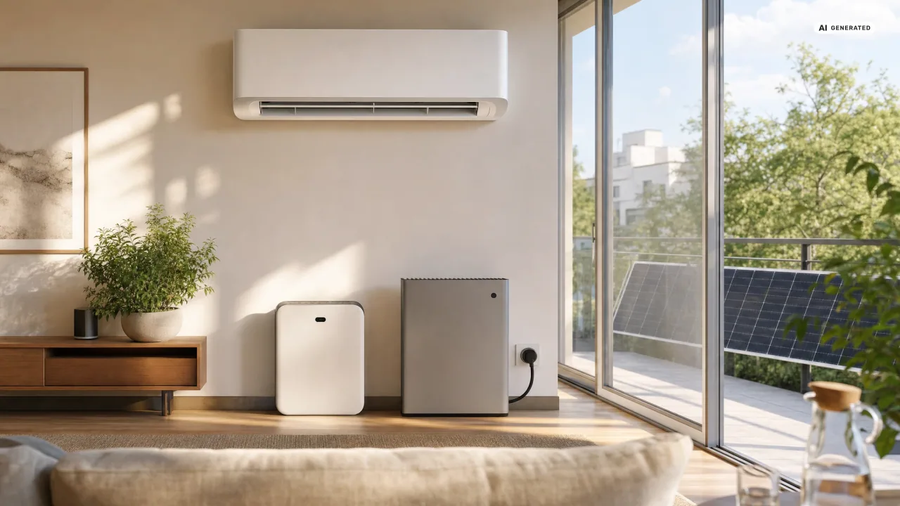 Weißes Split-Klimagerät an der Wand eines hellen Wohnzimmers, daneben eine Fensterfront zum Balkon mit einem dunklen Solarmodul am Geländer — Balkonkraftwerk und Klimaanlage im selben Haushalt.
