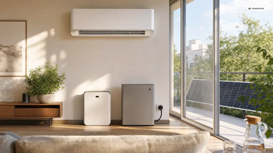 Weißes Split-Klimagerät an der Wand eines hellen Wohnzimmers, daneben eine Fensterfront zum Balkon mit einem dunklen Solarmodul am Geländer — Balkonkraftwerk und Klimaanlage im selben Haushalt.