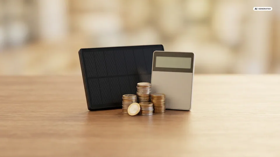 Ein schwarzes Solarmodul, gestapelte Euro-Münzen und ein Taschenrechner als kompakte Gruppe auf einem hellen Holztisch — Sinnbild für die Balkonkraftwerk Kosten 2026.