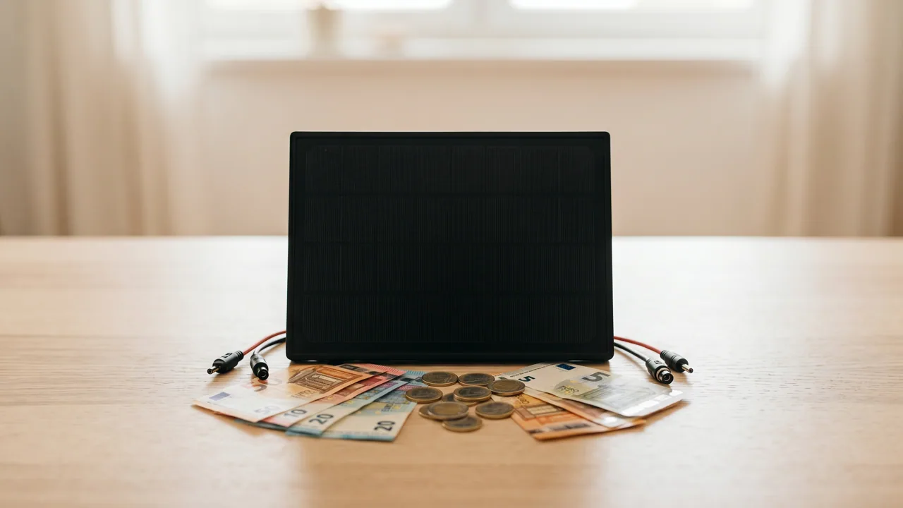 Ein schwarzes Solarmodul mit aufgefächerten Euro-Geldscheinen und Münzen davor, mittig auf einem hellen Holztisch — Sinnbild für die Preisrechnung.