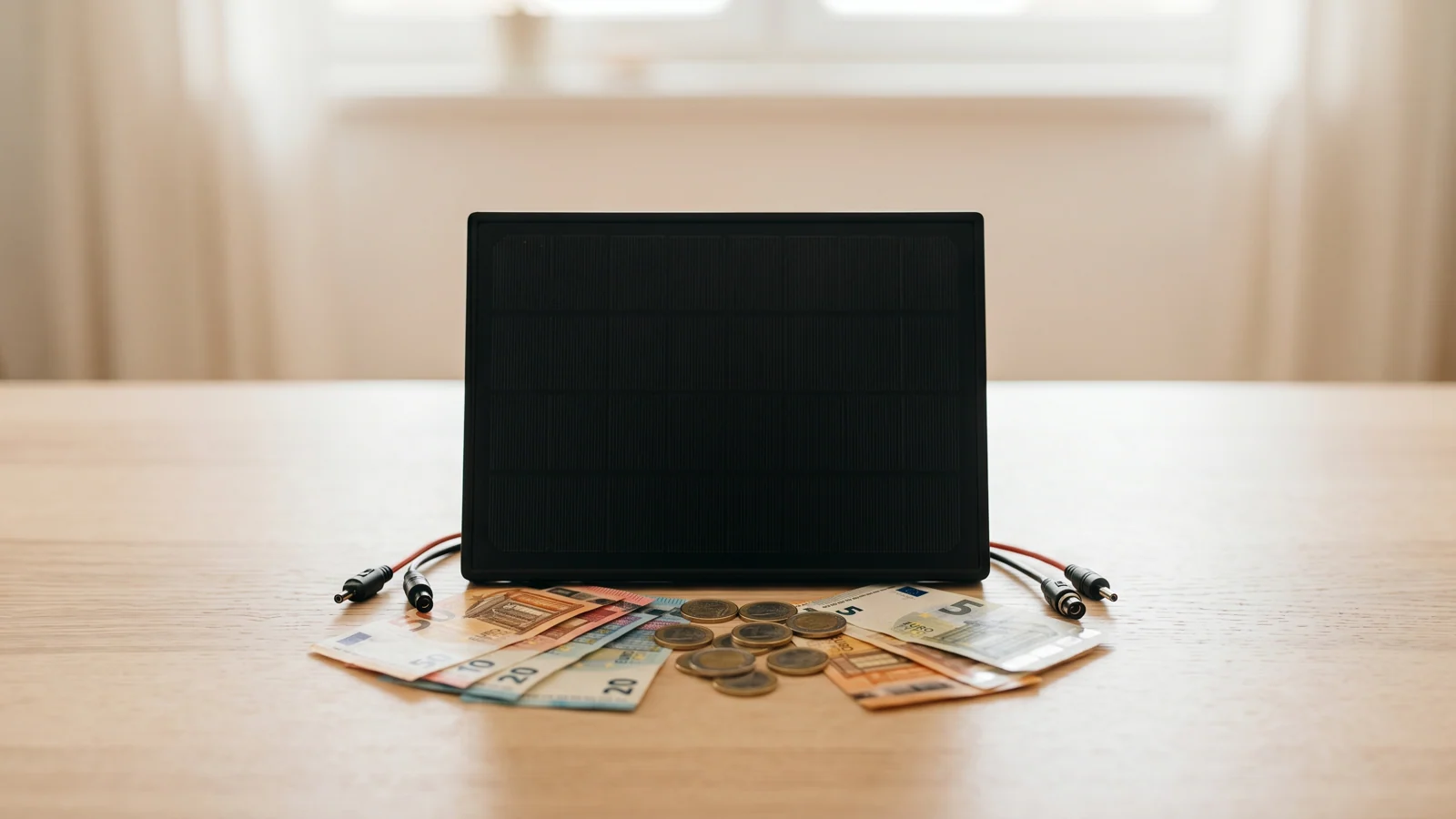 Ein schwarzes Solarmodul mit aufgefächerten Euro-Geldscheinen und Münzen davor auf hellem Holztisch — Sinnbild für den Balkonkraftwerk Preis und die Kostenrechnung.