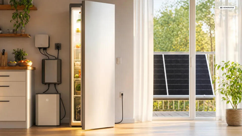 Geöffneter Kühlschrank mit warmem Innenlicht in einer hellen Küche, daneben Speicher und Wechselrichter an der Wand, durch die Terrassentür ein Solarmodul am Balkongeländer — Balkonkraftwerk und Kühlschrank im Alltag.