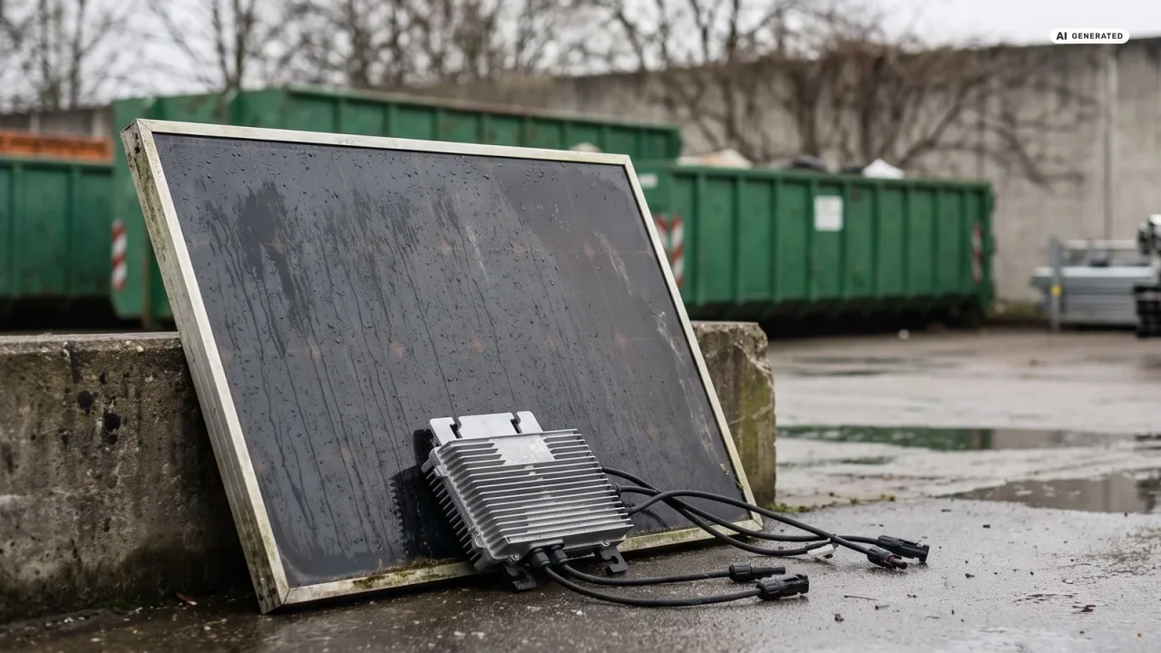 Ein gealtertes Solarmodul, ein ausgebauter Mikrowechselrichter und eine Sammelbox auf einem Recyclinghof — Sinnbild für die Balkonkraftwerk Lebensdauer und die spätere Entsorgung.