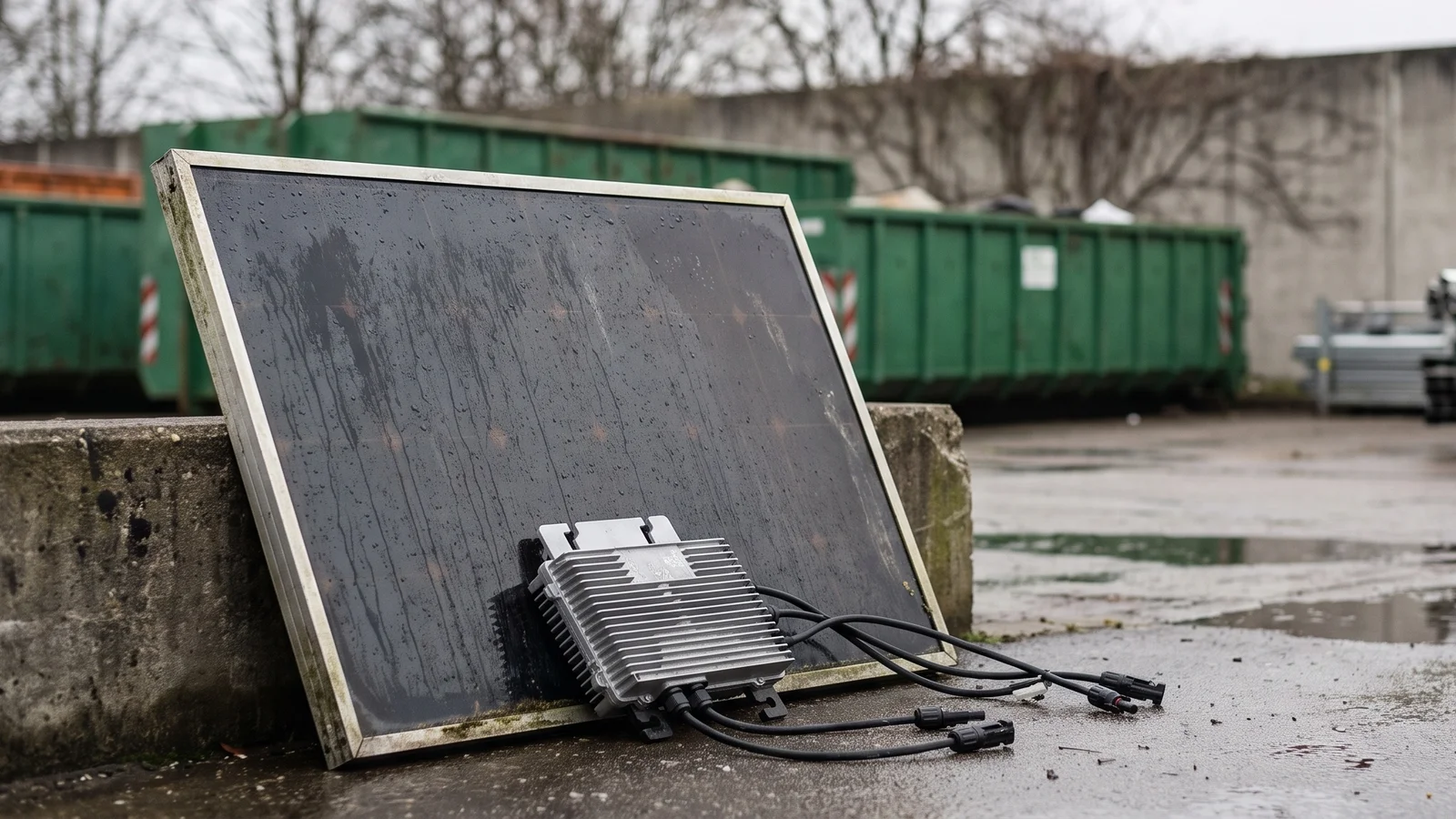Ein gealtertes Solarmodul, ein ausgebauter Mikrowechselrichter und eine Sammelbox auf einem Recyclinghof — Sinnbild für die Balkonkraftwerk Lebensdauer und die spätere Entsorgung.