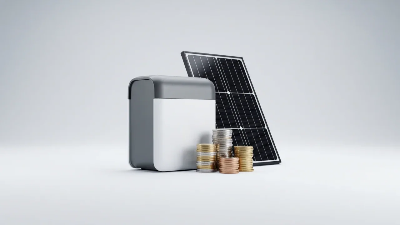 Ein kompakter Heimspeicher mit gestapelten Euro-Münzen und einem Solarmodul — Sinnbild für die Frage, ob sich ein Balkonkraftwerk mit Speicher lohnt.