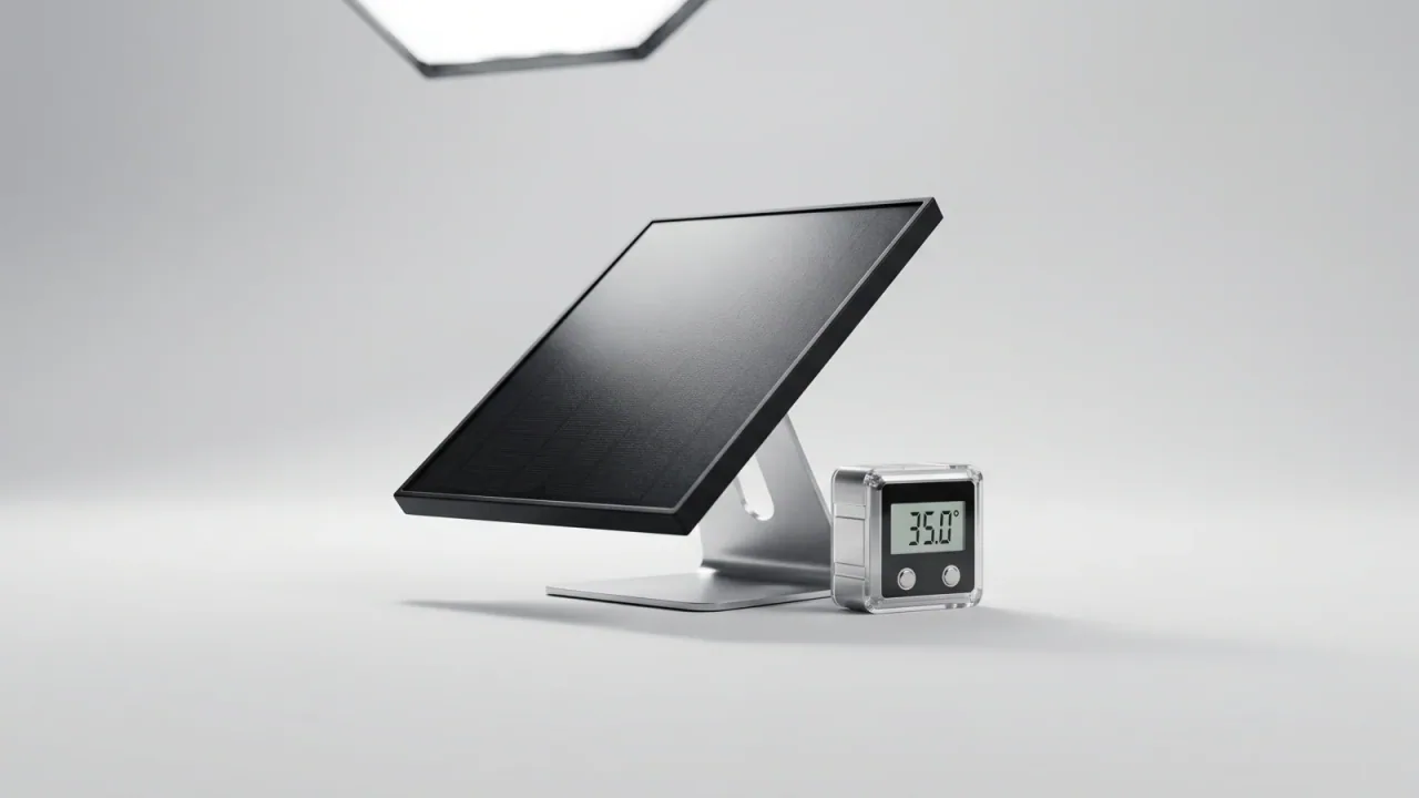 Ein Solarmodul im geneigten Winkel zur Sonne, daneben ein Schatten auf dem Geländer — Sinnbild für Neigungswinkel und Verschattung beim Balkonkraftwerk.