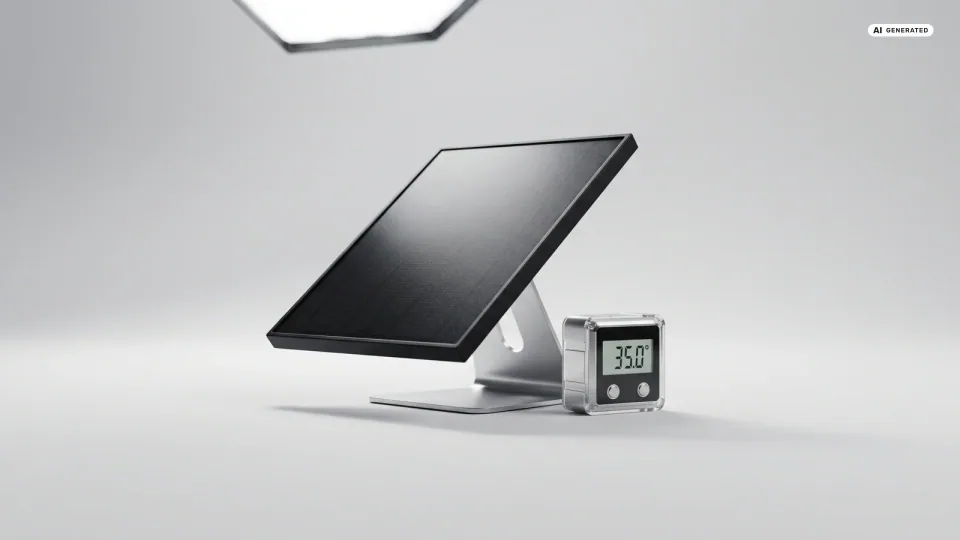 Ein Solarmodul im geneigten Winkel zur Sonne, daneben ein Schatten auf dem Geländer — Sinnbild für Neigungswinkel und Verschattung beim Balkonkraftwerk.