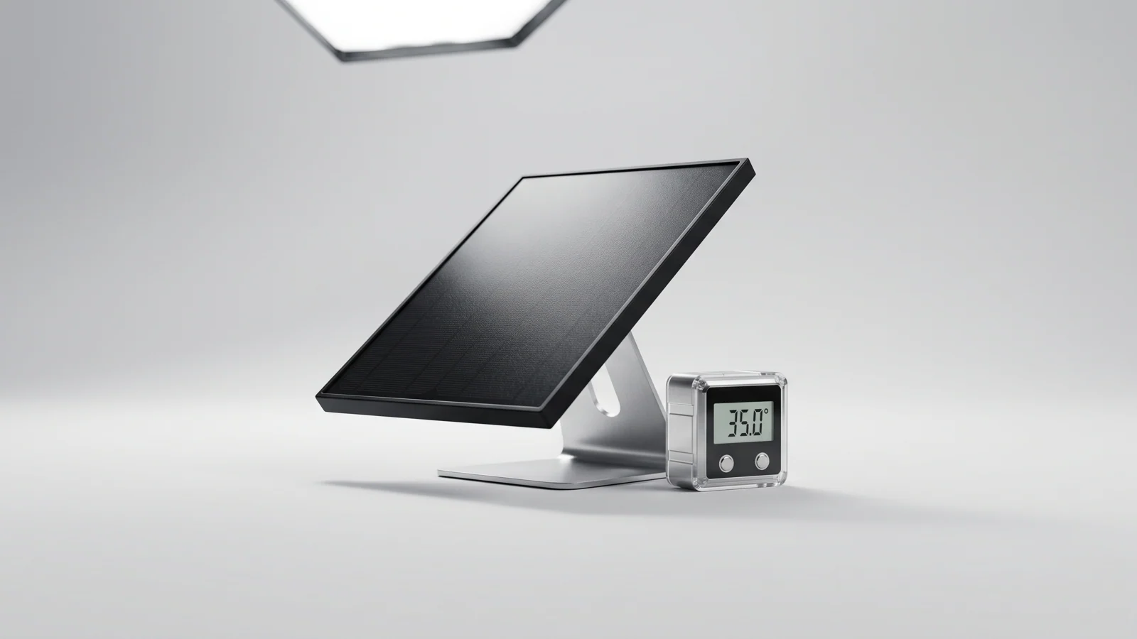 Ein Solarmodul im geneigten Winkel zur Sonne, daneben ein Schatten auf dem Geländer — Sinnbild für Neigungswinkel und Verschattung beim Balkonkraftwerk.