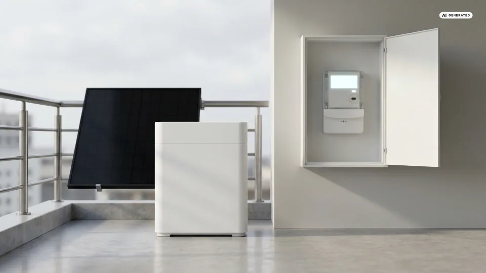 Ein Balkonkraftwerk mit Speicher und ein Smart Meter im Sicherungskasten, der den Hausverbrauch misst — Sinnbild für Nulleinspeisung und smarte Steuerung.