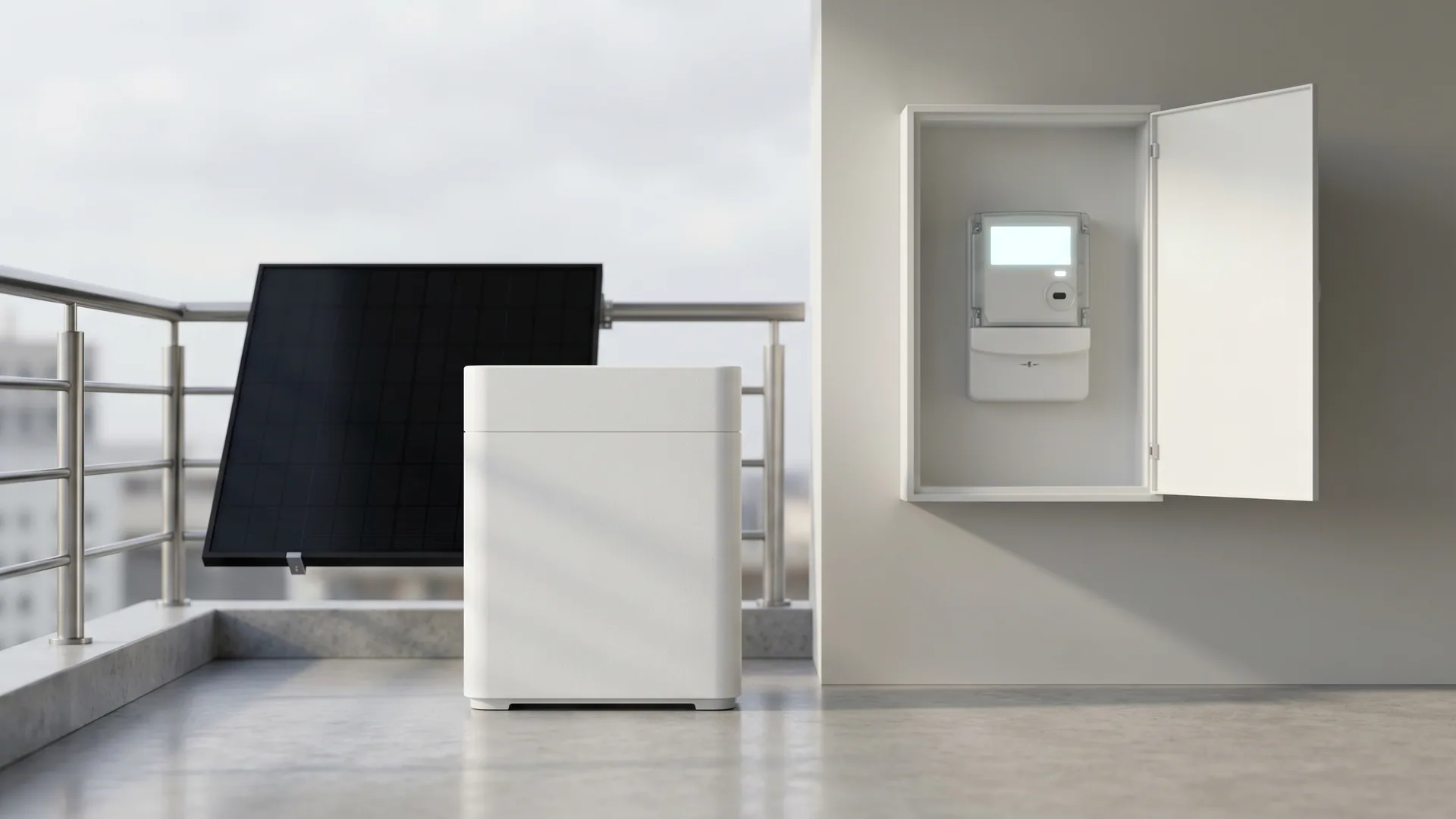 Ein Balkonkraftwerk mit Speicher und ein Smart Meter im Sicherungskasten, der den Hausverbrauch misst — Sinnbild für Nulleinspeisung und smarte Steuerung.