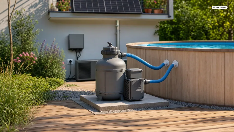 Graue Filterpumpe mit Sandfilterbehälter auf einer Steinplatte vor einem Aufstellpool, darüber ein dunkles Solarmodul am Terrassengeländer — Balkonkraftwerk und Poolpumpe im Sommerbetrieb.