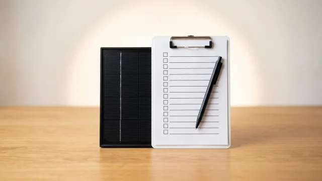 Ein schwarzes Solarmodul neben einem Klemmbrett mit Checkliste auf einem hellen Holztisch — Sinnbild für den kompletten Balkonkraftwerk 2026 Ratgeber.