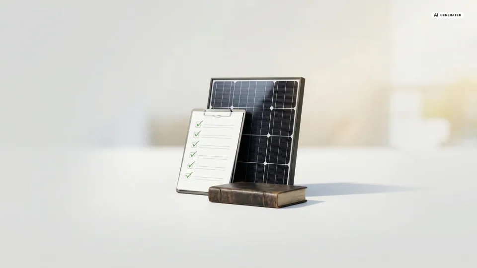 Ein kleines schwarzes Solarmodul, eine Checkliste mit grünen Häkchen und ein kleines Gesetzbuch als Gruppe auf heller Fläche — Sinnbild für die Balkonkraftwerk Regeln und Vorschriften 2026.