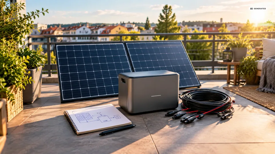 Zwei Solarmodule lehnen am Geländer einer sonnigen Terrasse, davor stehen ein kompakter grauer Stromspeicher und ein aufgerollter Kabelbaum mit Steckverbindern; daneben liegt ein aufgeschlagener Notizblock mit einer gezeichneten Kästchen-Skizze — so entsteht der Schaltplan fürs Balkonkraftwerk mit Speicher, bevor das erste Kabel gesteckt wird.