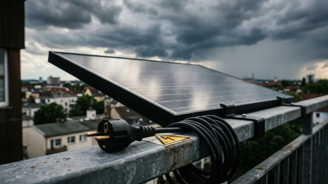 Ein Balkonkraftwerk am Geländer bei aufziehendem Gewitter, daneben ein Schuko-Stecker und ein Warnsymbol — Sinnbild für die Frage nach der Sicherheit.