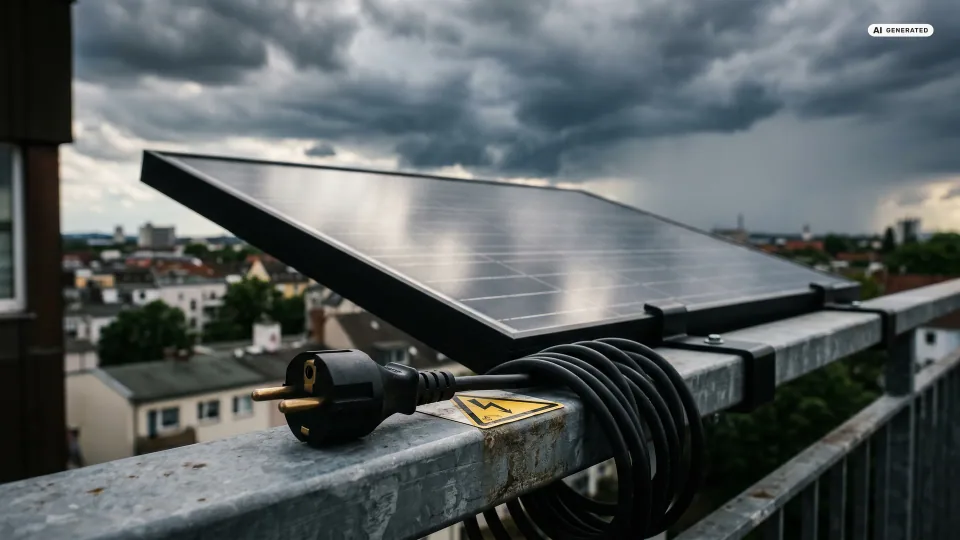 Ein Balkonkraftwerk am Geländer bei aufziehendem Gewitter, daneben ein Schuko-Stecker und ein Warnsymbol — Sinnbild für die Frage nach der Sicherheit.