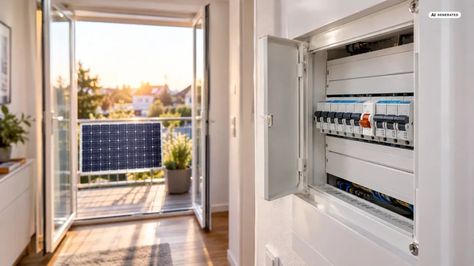 Blick in einen hellen Wohnungsflur: rechts der geöffnete Sicherungskasten mit einer Reihe Schutzschalter auf der Hutschiene, einer davon orange abgesetzt; links durch die offene Balkontür ein Solarmodul am Geländer im Abendlicht. Wenn beim Balkonkraftwerk die Sicherung fliegt, raus aus dem Rätselraten führt der erste Weg genau zu dieser Schalterreihe.
