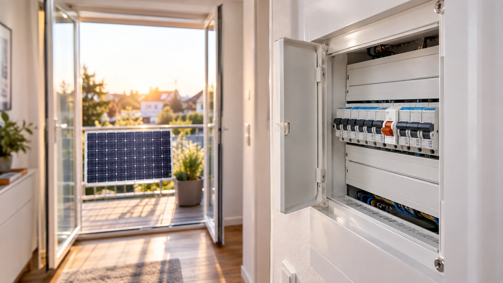 Blick in einen hellen Wohnungsflur: rechts der geöffnete Sicherungskasten mit einer Reihe Schutzschalter auf der Hutschiene, einer davon orange abgesetzt; links durch die offene Balkontür ein Solarmodul am Geländer im Abendlicht. Wenn beim Balkonkraftwerk die Sicherung fliegt, raus aus dem Rätselraten führt der erste Weg genau zu dieser Schalterreihe.