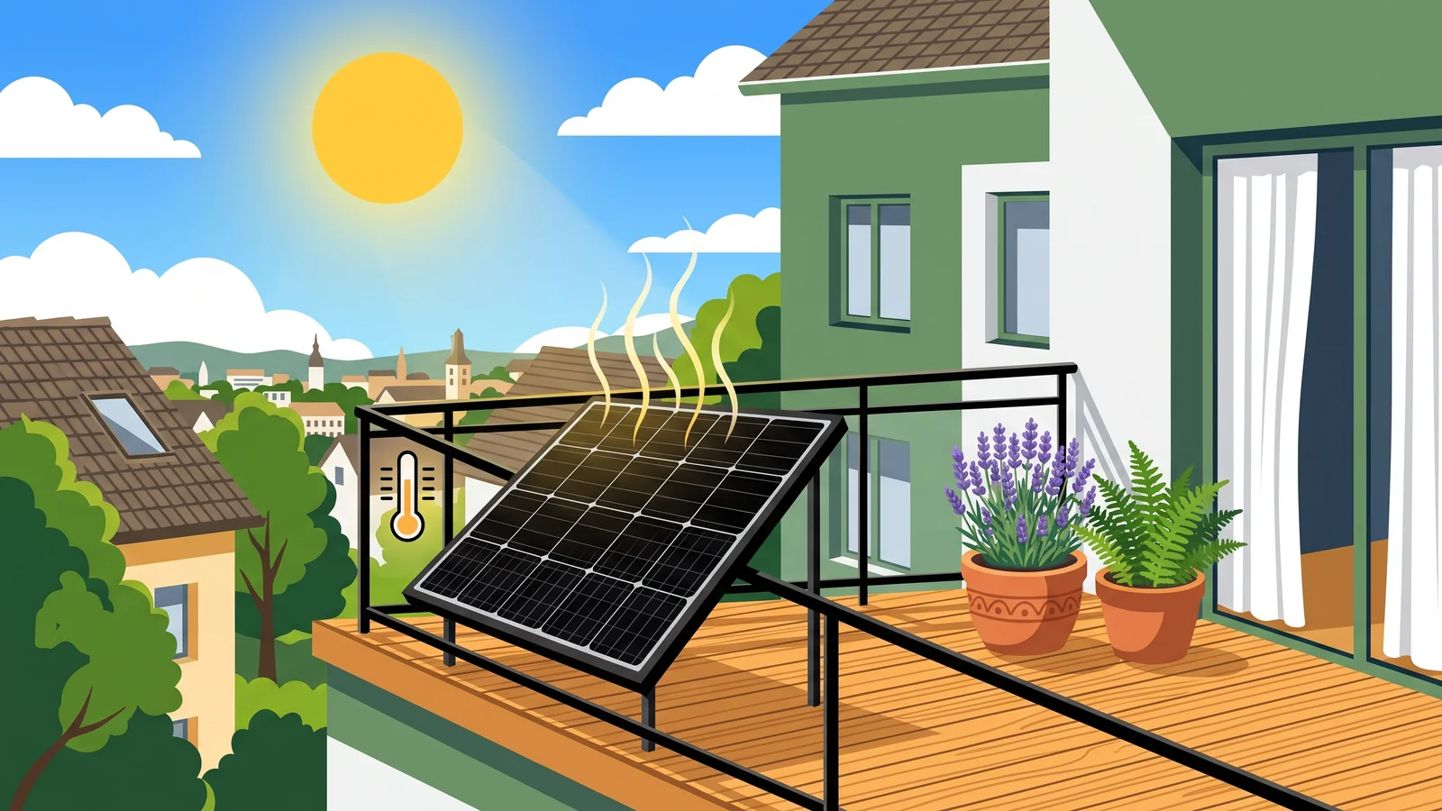 Ein schwarzes Solarmodul in praller Mittagssonne vor blauem Himmel — Sinnbild für den Leistungsverlust eines Balkonkraftwerks bei großer Hitze im Sommer.