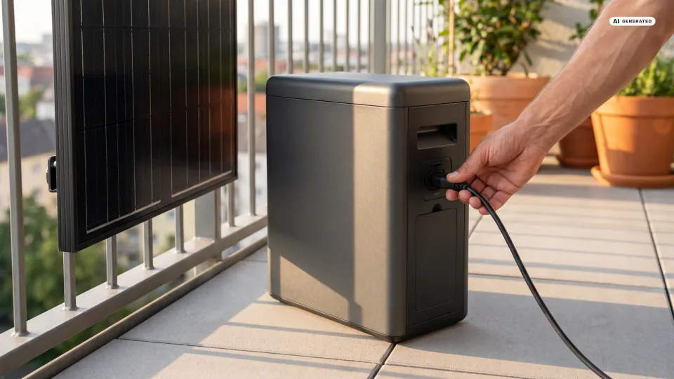 Eine Hand steckt ein AC-Kabel in einen kompakten Balkon-Speicher, der neben einem schwarzen Solarmodul auf einem Balkon steht — Sinnbild für das Nachrüsten eines Speichers am bestehenden Balkonkraftwerk.