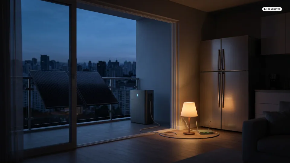 Balkonkraftwerk-Speicher mit Notstrom bei Stromausfall: Der Speicher auf dem Balkon versorgt über seine Notstrom-Steckdose Lampe und Router — nur dort brennt Licht.