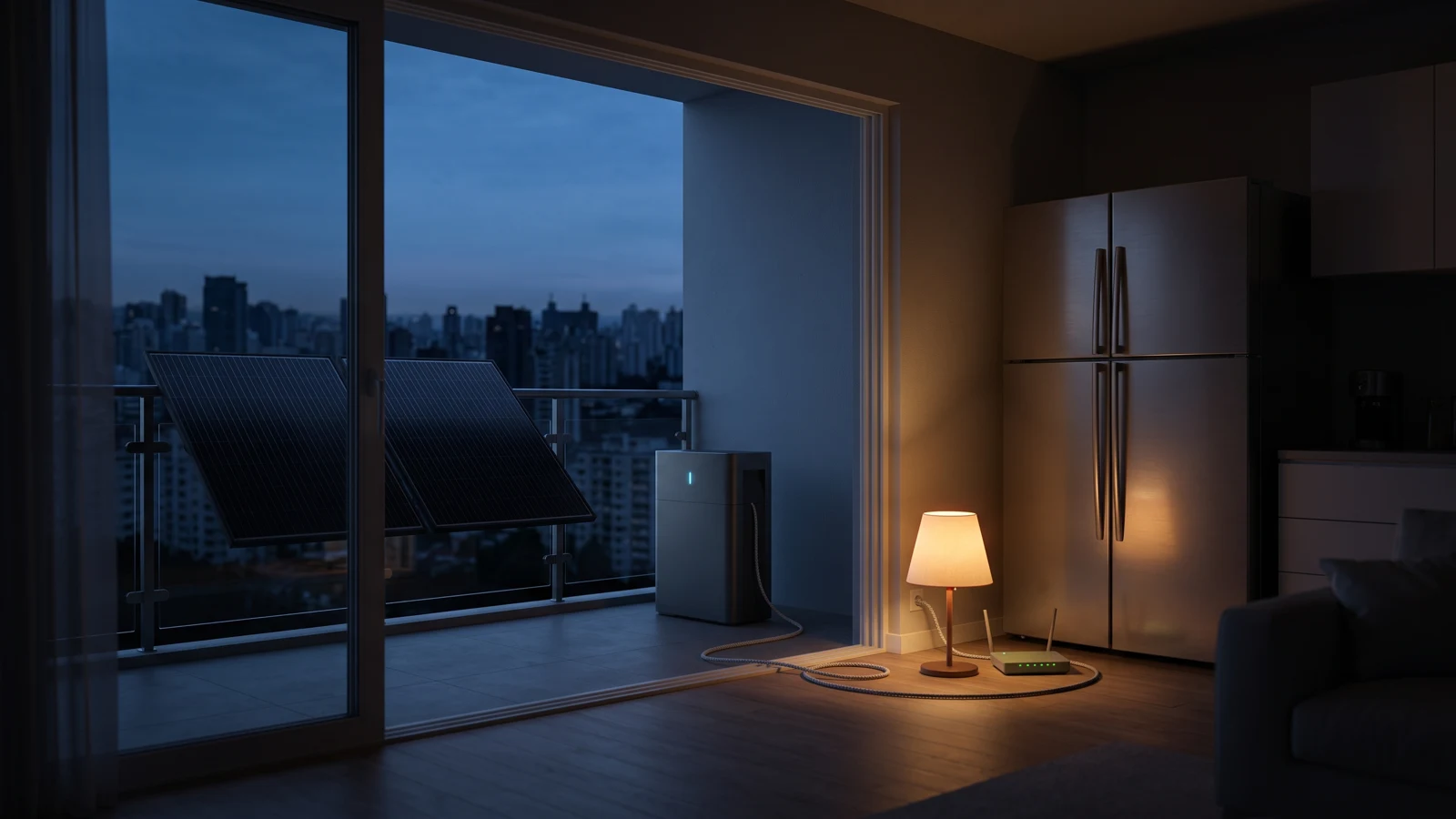 Dunkle Stadtkulisse bei Stromausfall: Ein Balkonspeicher auf dem Balkon versorgt über seine Notstrom-Steckdose Lampe und Router in der Wohnung — nur dort brennt Licht.