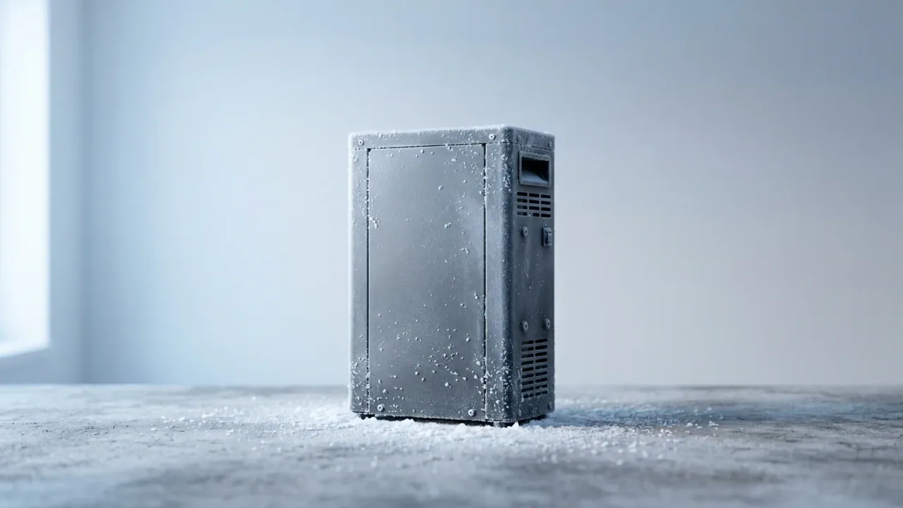 Ein Heimspeicher mit Raureif im kalten Winterlicht — Sinnbild dafür, einen Speicher im Winter zu laden, wenn Frost das Laden bremst.