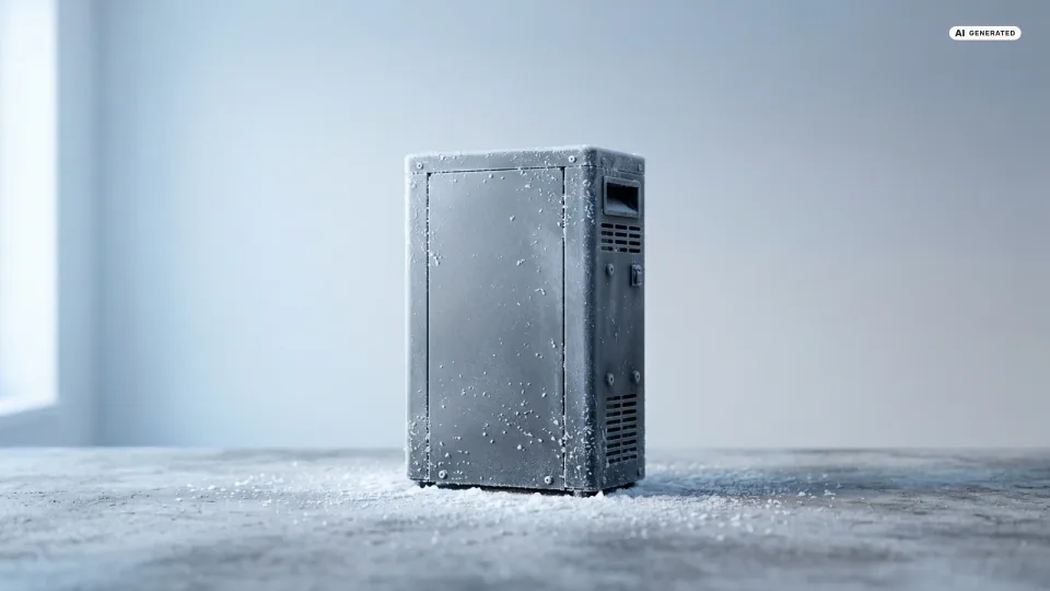 Ein Heimspeicher mit Raureif im kalten Winterlicht — Sinnbild dafür, einen Speicher im Winter zu laden, wenn Frost das Laden bremst.