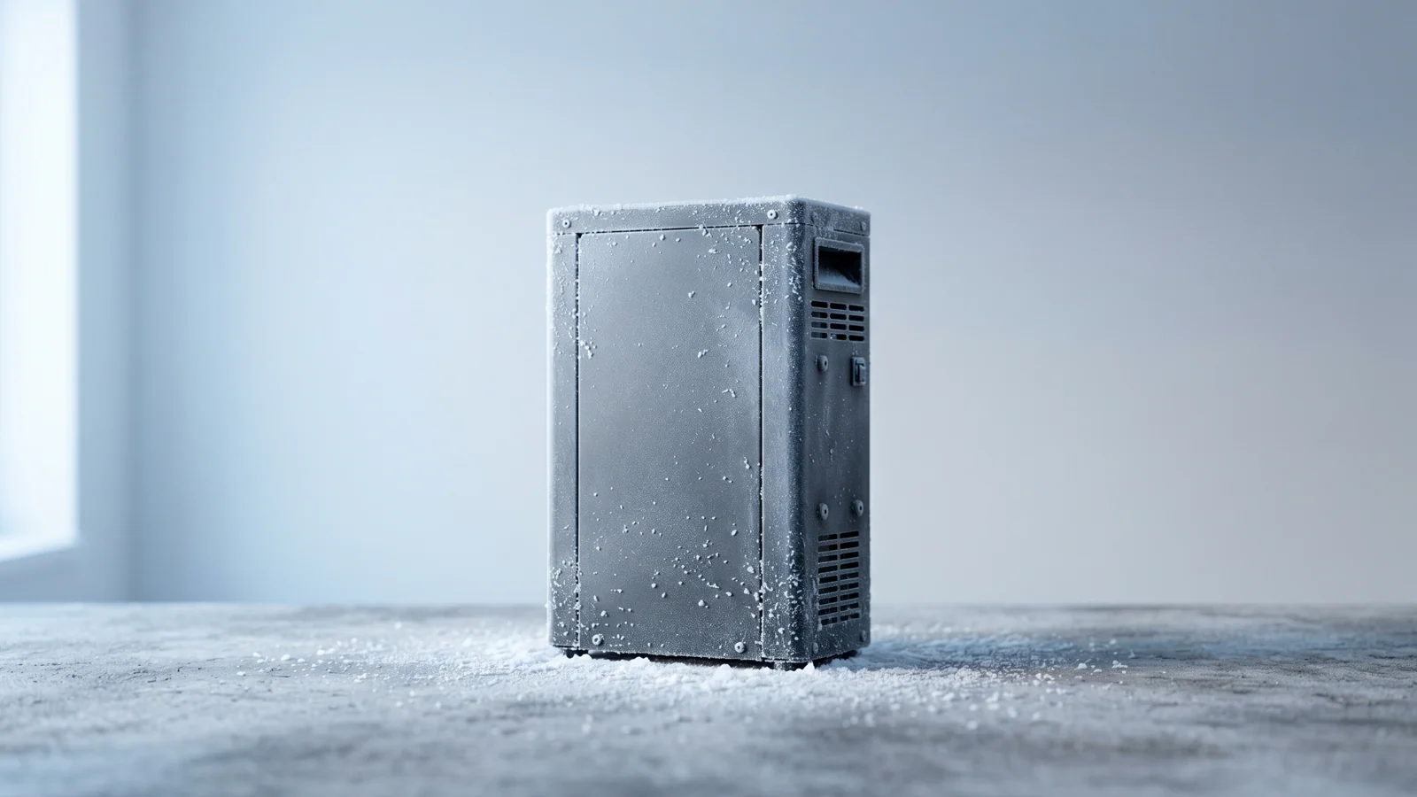 Ein Heimspeicher mit Raureif im kalten Winterlicht — Sinnbild dafür, einen Speicher im Winter zu laden, wenn Frost das Laden bremst.