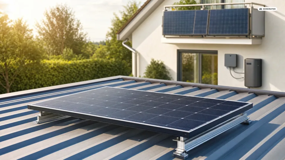 Ein Balkonkraftwerk auf Trapezblech: Ein Solarmodul liegt aufgeständert auf dem Profilblechdach einer Garage, die Halterungsfüße stehen oben auf den Hochsicken.