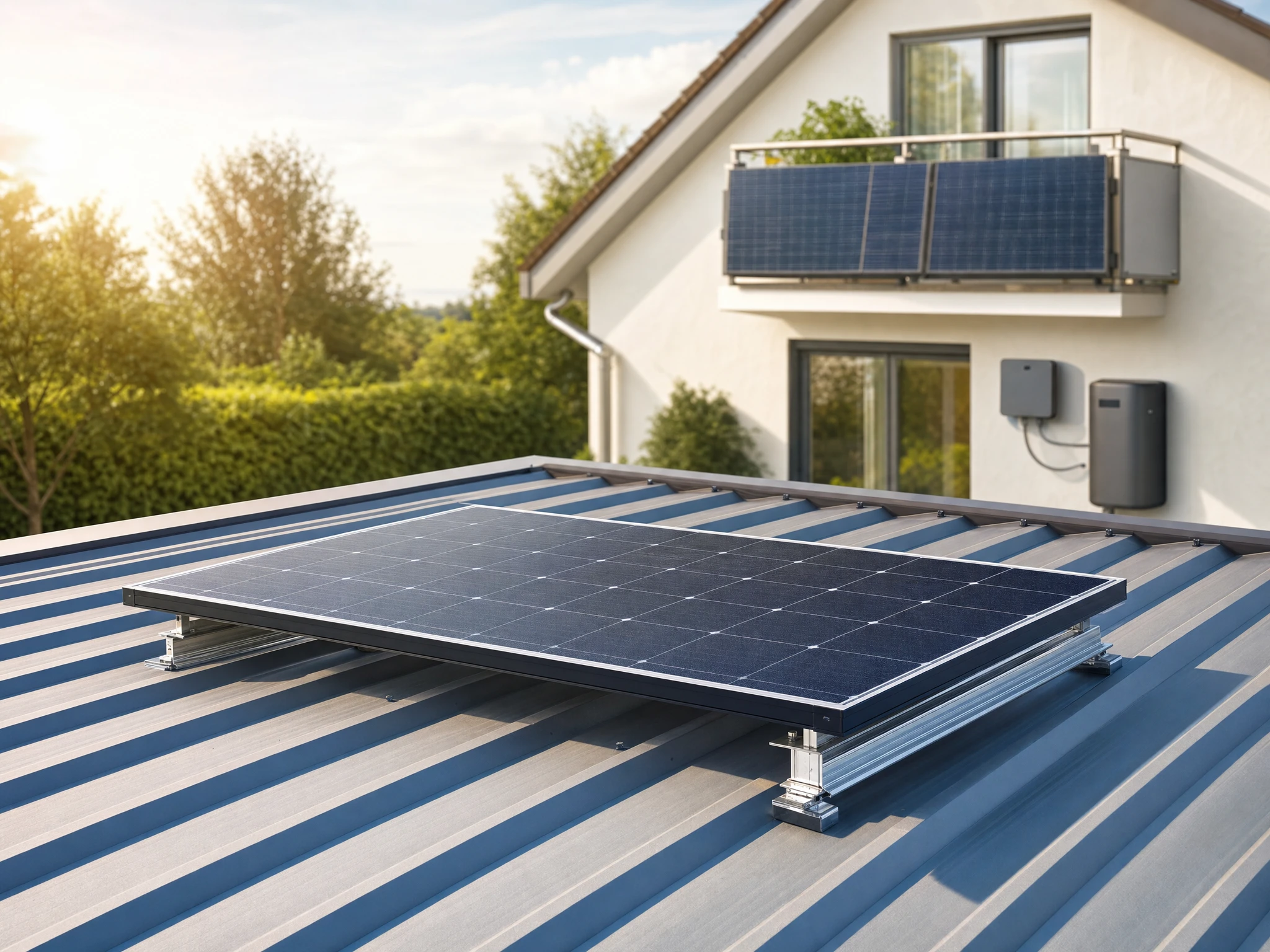 Ein Balkonkraftwerk auf Trapezblech: Ein Solarmodul liegt aufgeständert auf dem Profilblechdach einer Garage, die Halterungsfüße stehen oben auf den Hochsicken.