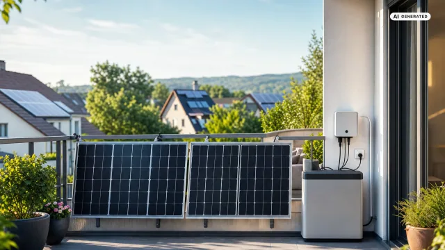 Ein Balkonkraftwerk trotz PV-Anlage: Zwei Module hängen an einer Balkonbrüstung, während auf den Hausdächern im Hintergrund bereits Photovoltaikanlagen liegen.