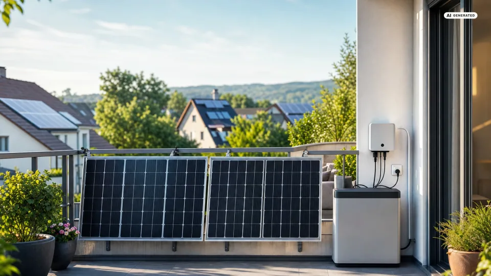 Ein Balkonkraftwerk trotz PV-Anlage: Zwei Module hängen an einer Balkonbrüstung, während auf den Hausdächern im Hintergrund bereits Photovoltaikanlagen liegen.