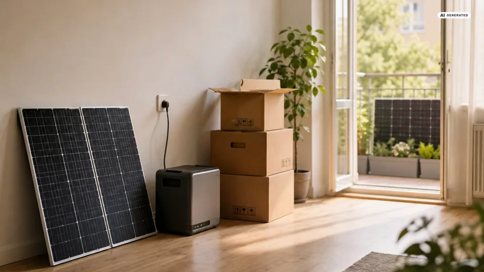 Zwei abgebaute Solarmodule lehnen an der Wohnzimmerwand, daneben ein markenloser Stromspeicher an der Steckdose und gestapelte Umzugskartons; durch die offene Balkontür ist ein weiteres Modul am Geländer zu sehen — das Balkonkraftwerk beim Umzug.