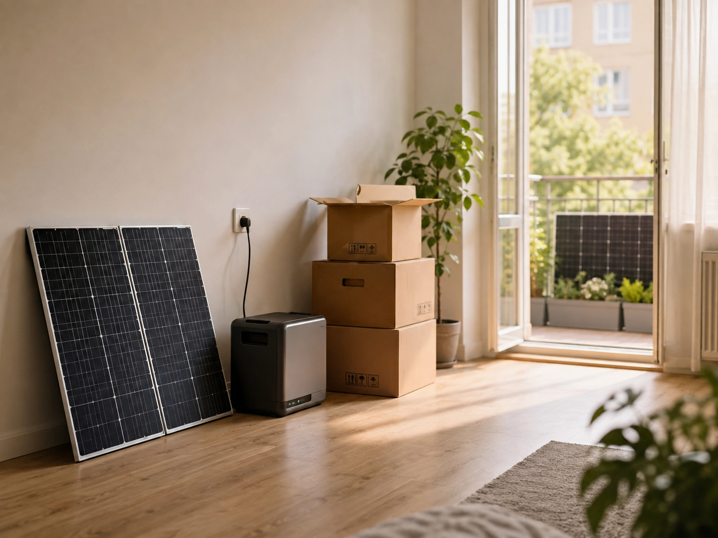 Zwei abgebaute Solarmodule lehnen an der Wohnzimmerwand, daneben ein markenloser Stromspeicher an der Steckdose und gestapelte Umzugskartons; durch die offene Balkontür ist ein weiteres Modul am Geländer zu sehen — das Balkonkraftwerk beim Umzug.
