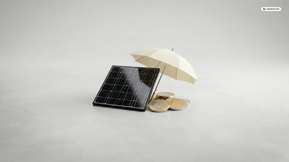 Ein kleines schwarzes Solarmodul, ein aufgespannter Regenschirm und Euro-Münzen auf heller Fläche — Sinnbild für die Balkonkraftwerk Versicherung aus Hausrat und Haftpflicht.