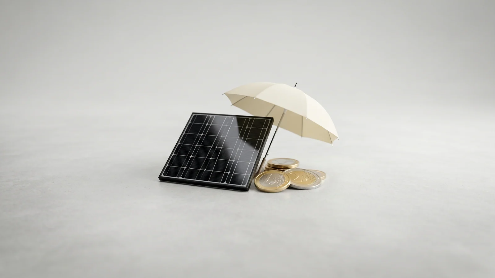 Ein kleines schwarzes Solarmodul, ein aufgespannter Regenschirm und Euro-Münzen auf heller Fläche — Sinnbild für die Balkonkraftwerk Versicherung aus Hausrat und Haftpflicht.