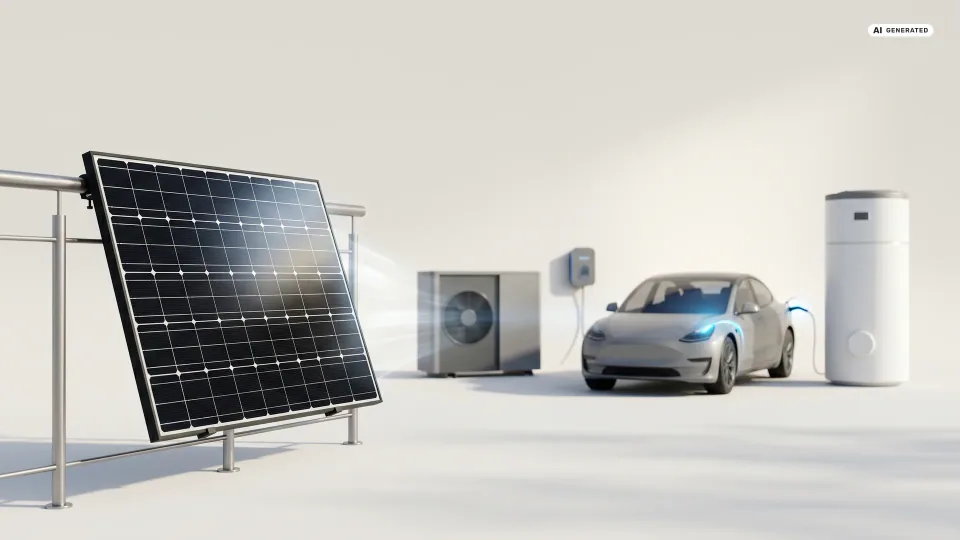 Ein Balkonkraftwerk am Geländer, daneben Symbole für Wärmepumpe, E-Auto und Warmwasserspeicher — Sinnbild für die Sektorkopplung im Haushalt.