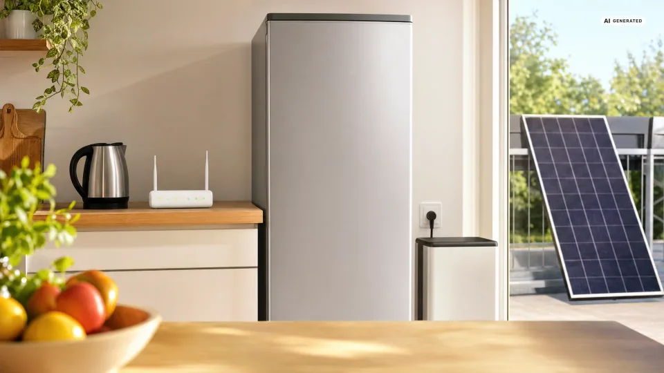 Blick in eine helle Küche mit Kühlschrank, WLAN-Router und Wasserkocher, durch das Fenster ein Solarmodul am Balkongeländer — was kann man mit einem Balkonkraftwerk betreiben und welche Geräte laufen wirklich mit.