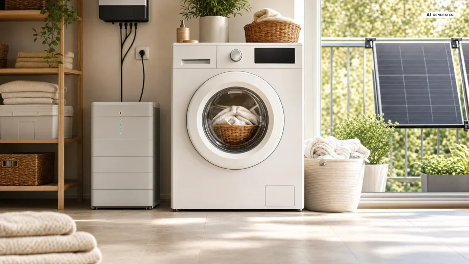 Weiße Frontlader-Waschmaschine in einem hellen Hauswirtschaftsraum, durch das Fenster ein Solarmodul am Balkongeländer im Mittagslicht — Balkonkraftwerk und Waschmaschine.