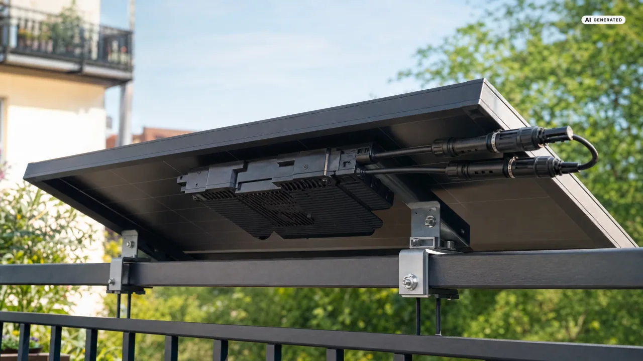 Ein flacher schwarzer Mikrowechselrichter mit Kühlrippen hängt unter einem Solarmodul an der Unterkonstruktion, zwei Gleichstromkabel sind eingesteckt — Sinnbild für das Balkonkraftwerk-Wechselrichter-Anschließen.