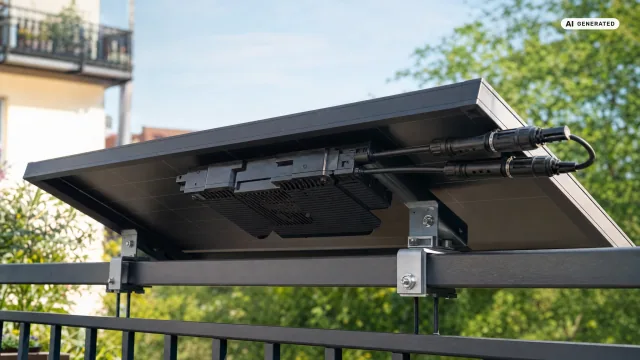 Ein flacher schwarzer Mikrowechselrichter mit Kühlrippen hängt unter einem Solarmodul an der Unterkonstruktion, zwei Gleichstromkabel sind eingesteckt — Sinnbild für das Balkonkraftwerk-Wechselrichter-Anschließen.