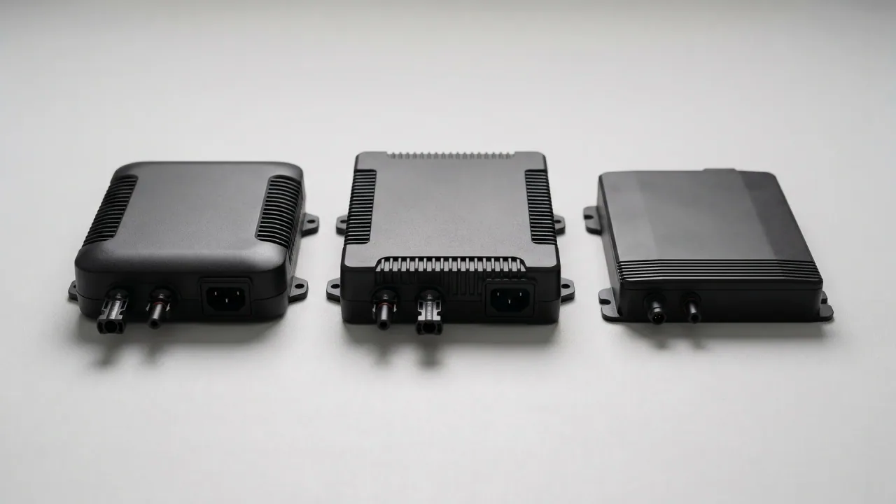 Drei Mikrowechselrichter fürs Balkonkraftwerk von Hoymiles, Deye und Growatt nebeneinander auf heller Fläche — Sinnbild für den direkten Wechselrichter-Vergleich der 800-Watt-Modelle.