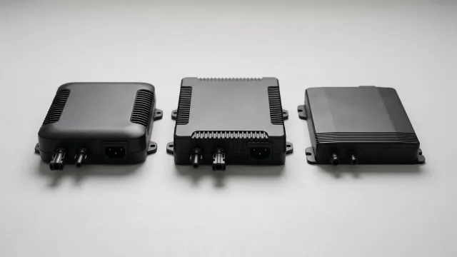 Drei Mikrowechselrichter fürs Balkonkraftwerk von Hoymiles, Deye und Growatt nebeneinander auf heller Fläche — Sinnbild für den direkten Wechselrichter-Vergleich der 800-Watt-Modelle.