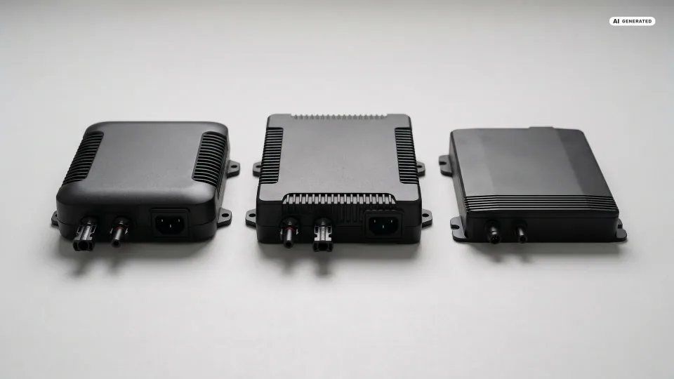 Drei Mikrowechselrichter fürs Balkonkraftwerk von Hoymiles, Deye und Growatt nebeneinander auf heller Fläche — Sinnbild für den direkten Wechselrichter-Vergleich der 800-Watt-Modelle.