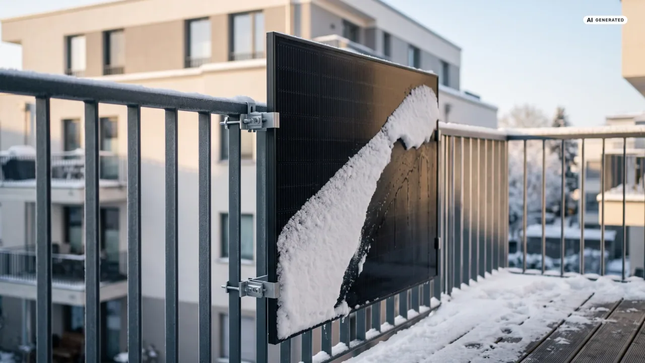 Ein schwarzes Solarmodul am Balkongeländer mit einer dünnen Schneeauflage vor winterlichem Himmel — Sinnbild für den geringeren Ertrag eines Balkonkraftwerks im Winter.